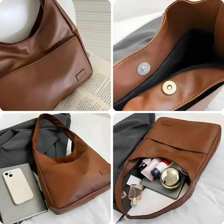 Elegante beige Noor dames schoudertas van vegan leer, perfect voor een lichte, duurzame look.