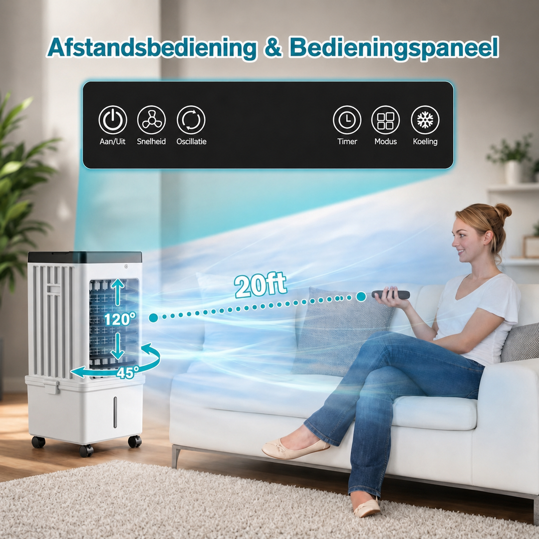 Compacte 15L mobiele aircooler met wieltjes, makkelijk verplaatsbaar voor verkoeling overal.
