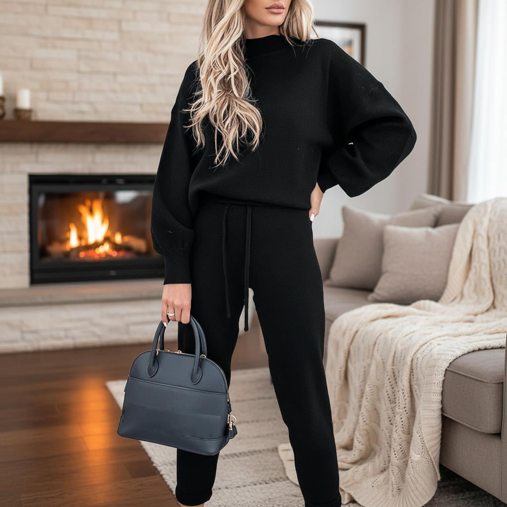 Dames modieuze tweedelige vrijetijdsoutfit met hoge kraag voor herfst/winter, comfortabel & stijlvol.