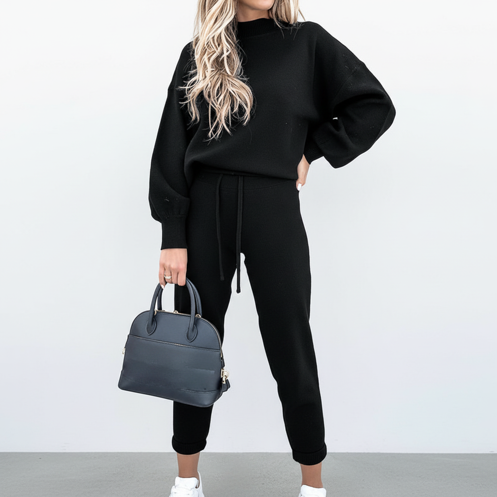 Comfortabele dames loungewear set voor herfst/winter, stijlvol en tweedelig met hoge kraag, ideaal voor thuis.