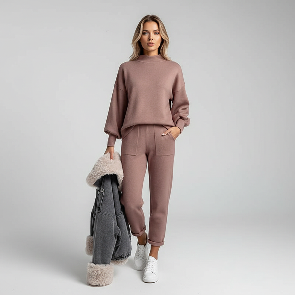 Tweedelige dames vrijetijdskleding met hoge kraag, modieus en warm voor herfst/winter, ideaal als loungewear.