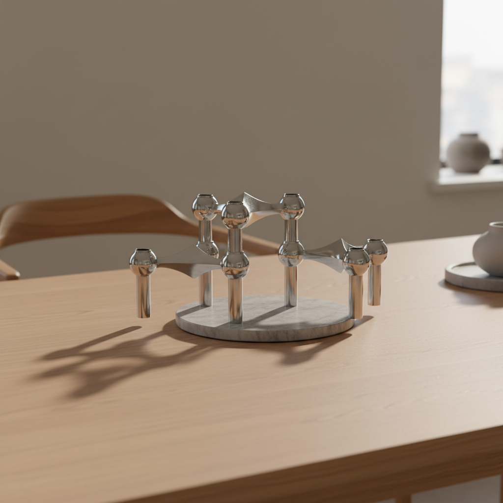 Elegante modulaire tafeldecoratie set met kaarsenhouder in modern design. RVS sfeermaker voor interieur.