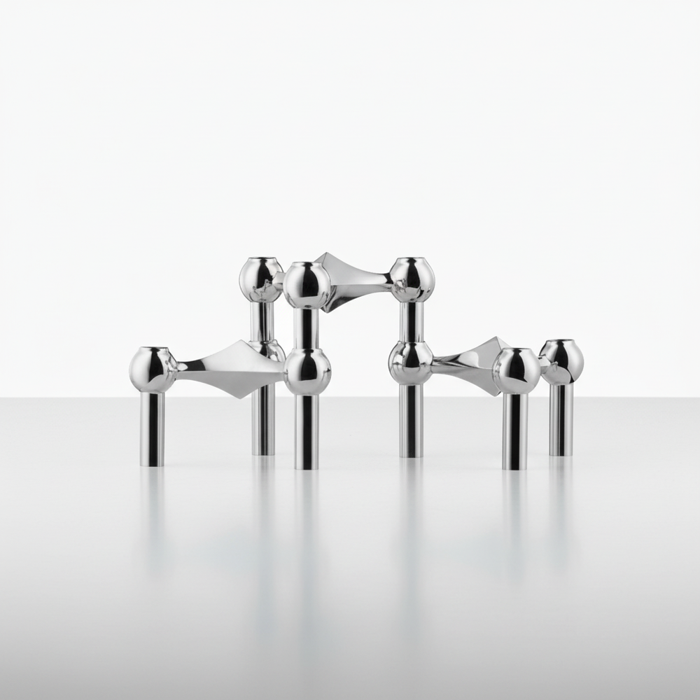 Luxe RVS zilveren modulaire kaarsenhouder set, perfecte woonaccessoire en moderne tafeldecoratie. Sfeervol.