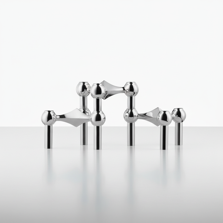 Luxe RVS zilveren modulaire kaarsenhouder set, perfecte woonaccessoire en moderne tafeldecoratie. Sfeervol.