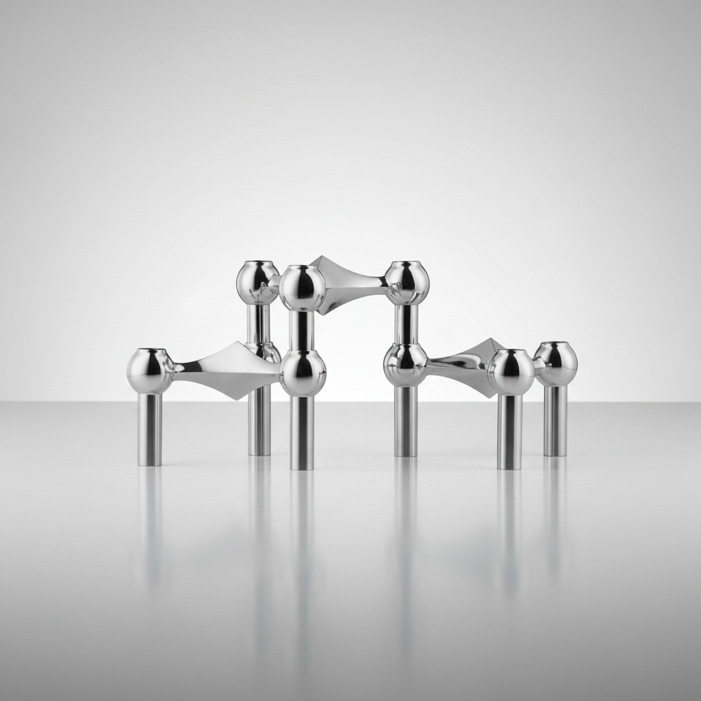 Gouden modulaire tafeldecoratie set, elegant design woonaccessoire en kaarsenhouder. RVS interieur sfeermaker.