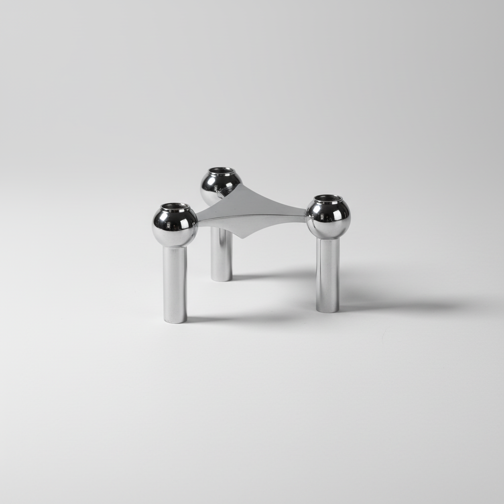 Stijlvolle modulaire kaarsenhouder set, moderne zilveren RVS woonaccessoire. Elegante tafeldecoratie sfeermaker.