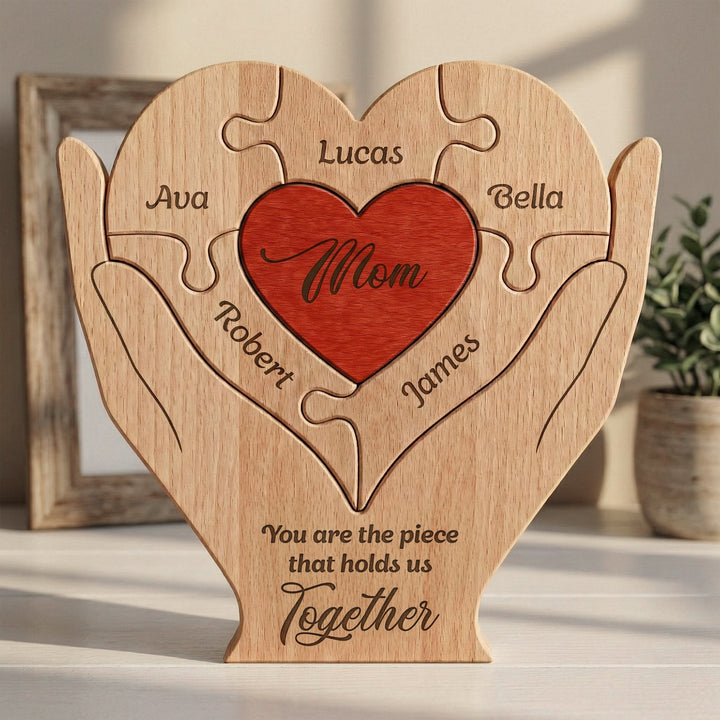 Gepersonaliseerde houten familiepuzzel met unieke lasergravure, perfect als moederdag geschenk of familie decoratie.