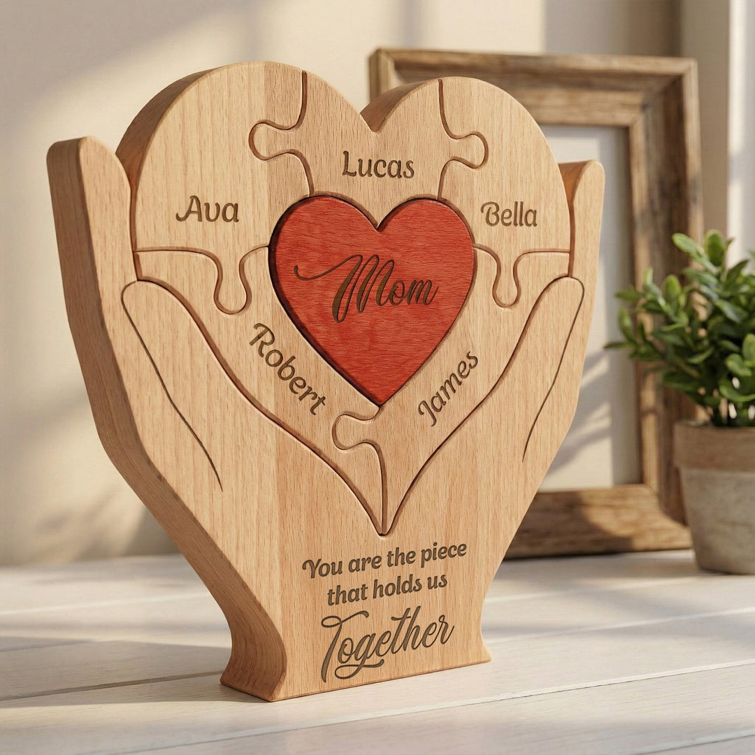 Houten familiepuzzel van beukenhout, gepersonaliseerd cadeautip voor mama, een uniek geschenk voor moederdag.