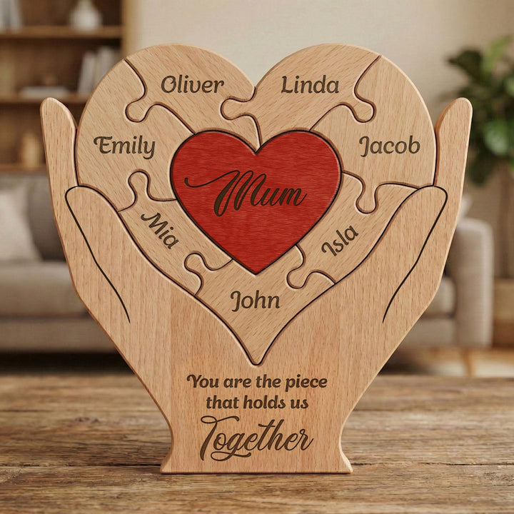 Lasergravure houten familiepuzzel, een uniek en gepersonaliseerd moederdag cadeau dat elke mama zal waarderen.