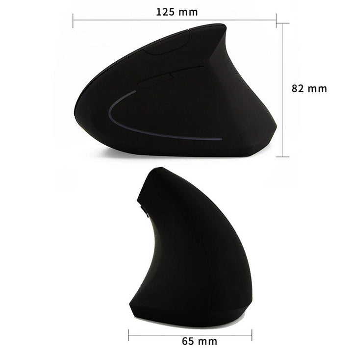 Zwarte ergonomische muis, draadloos computeraccessoire voor lange werksessies op kantoor of thuis.