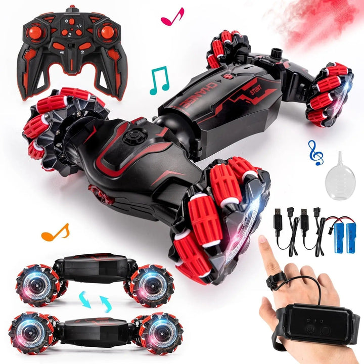 RC stuntauto met gebarenbesturing, toont een 360 graden draai. Ideaal afstandsbestuurbaar speelgoed voor kinderen.
