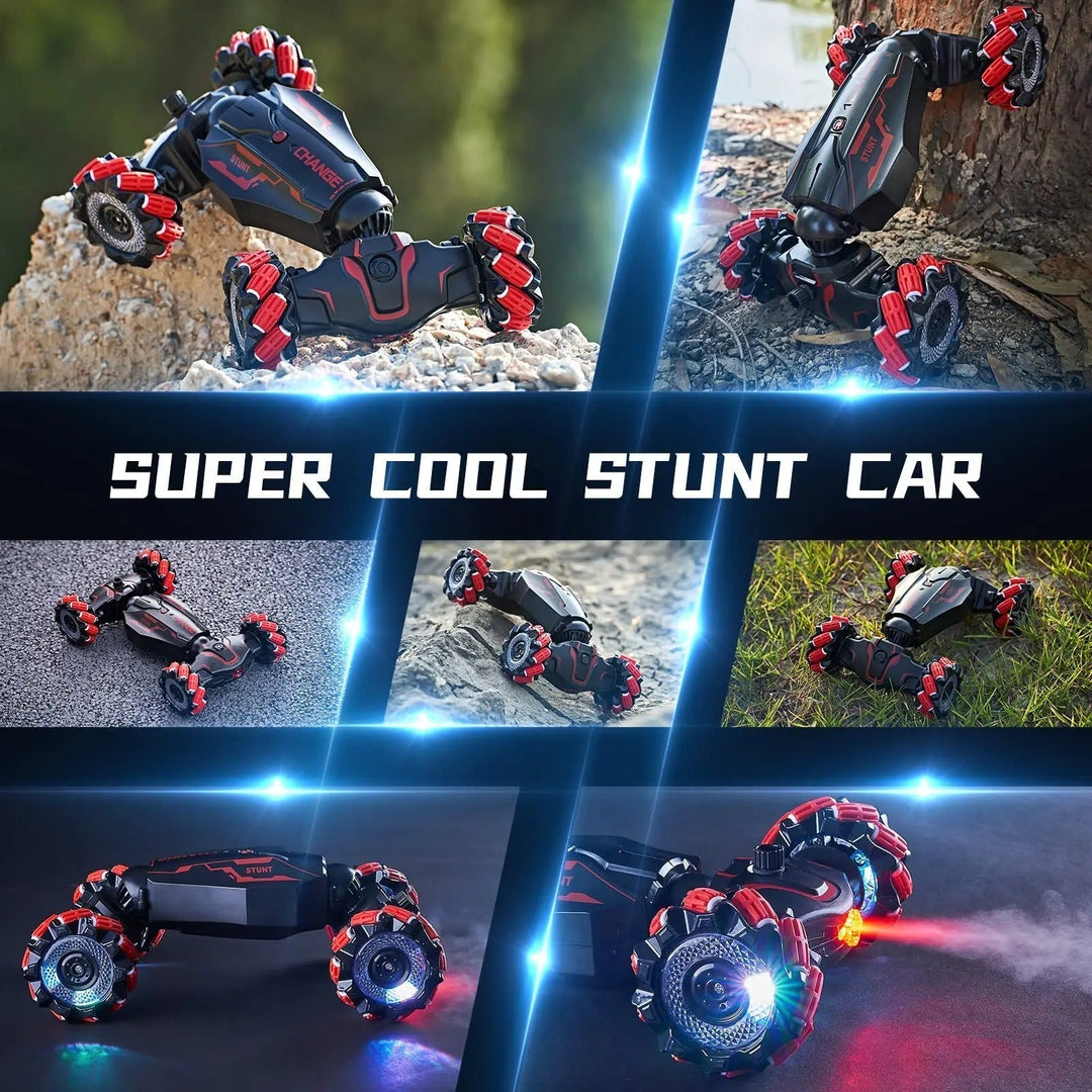 Kinderen bedienen een robuuste RC stuntauto met gebaren. Geschikt voor zowel binnen- als buitenspeelgoed.