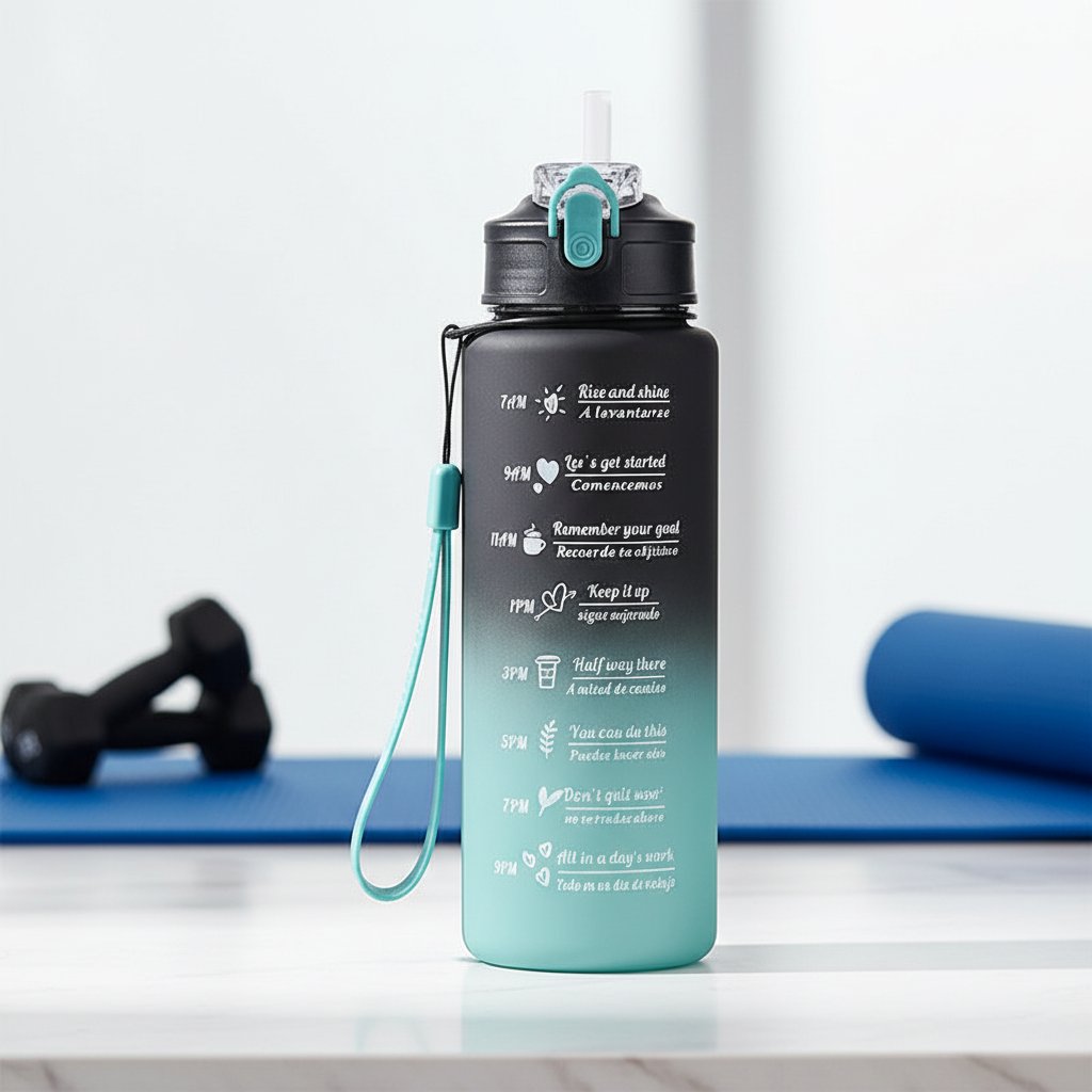 Motiverende AquaPulse waterfles (1L) met tijdmarkering voor optimale dagelijkse hydratatie en sport. Lekvrij.