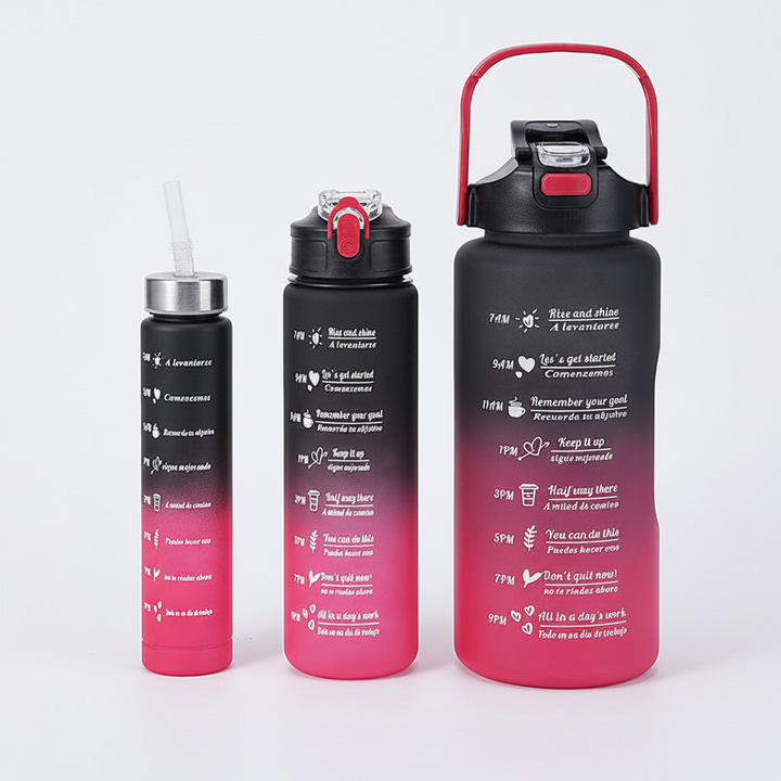 Detailopname van de tijdmarkering en motivatietekst op de AquaPulse drinkfles, ter stimulatie van hydratatie.