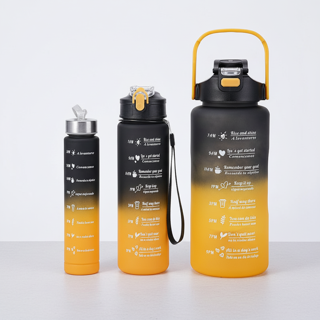Gebruiksvriendelijke drinkfles met motivatie, tijdmarkeringen en handige riem voor een actieve levensstijl.