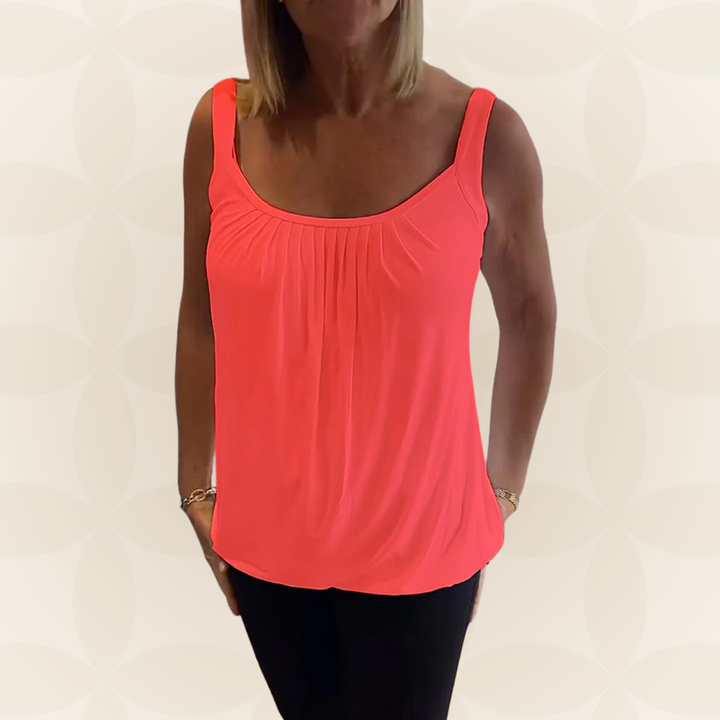 Trendy vrouwenkleding: mouwloze top met geplooide U-hals, relaxte pasvorm. Zomer klaar.