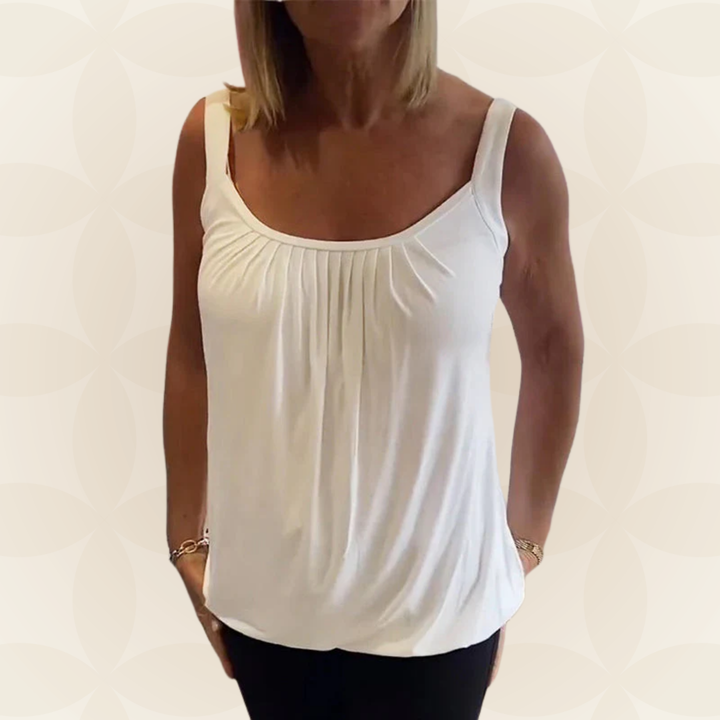 Dames mouwloze top met geplooide U-hals en relaxte pasvorm, ideaal voor zomer.