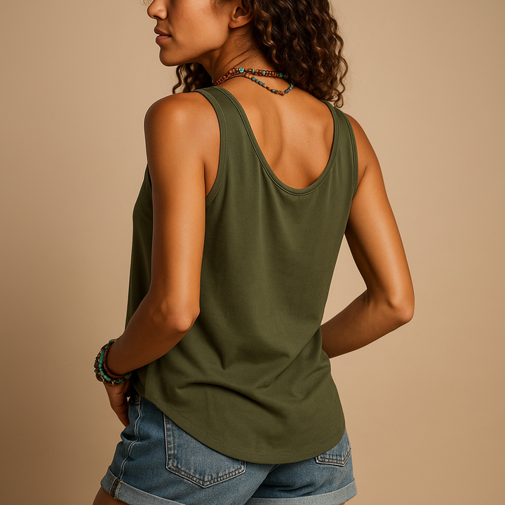Luchtige dames top zonder mouwen, comfortabel en relaxed fit met modieuze V-hals en knoopdetail.