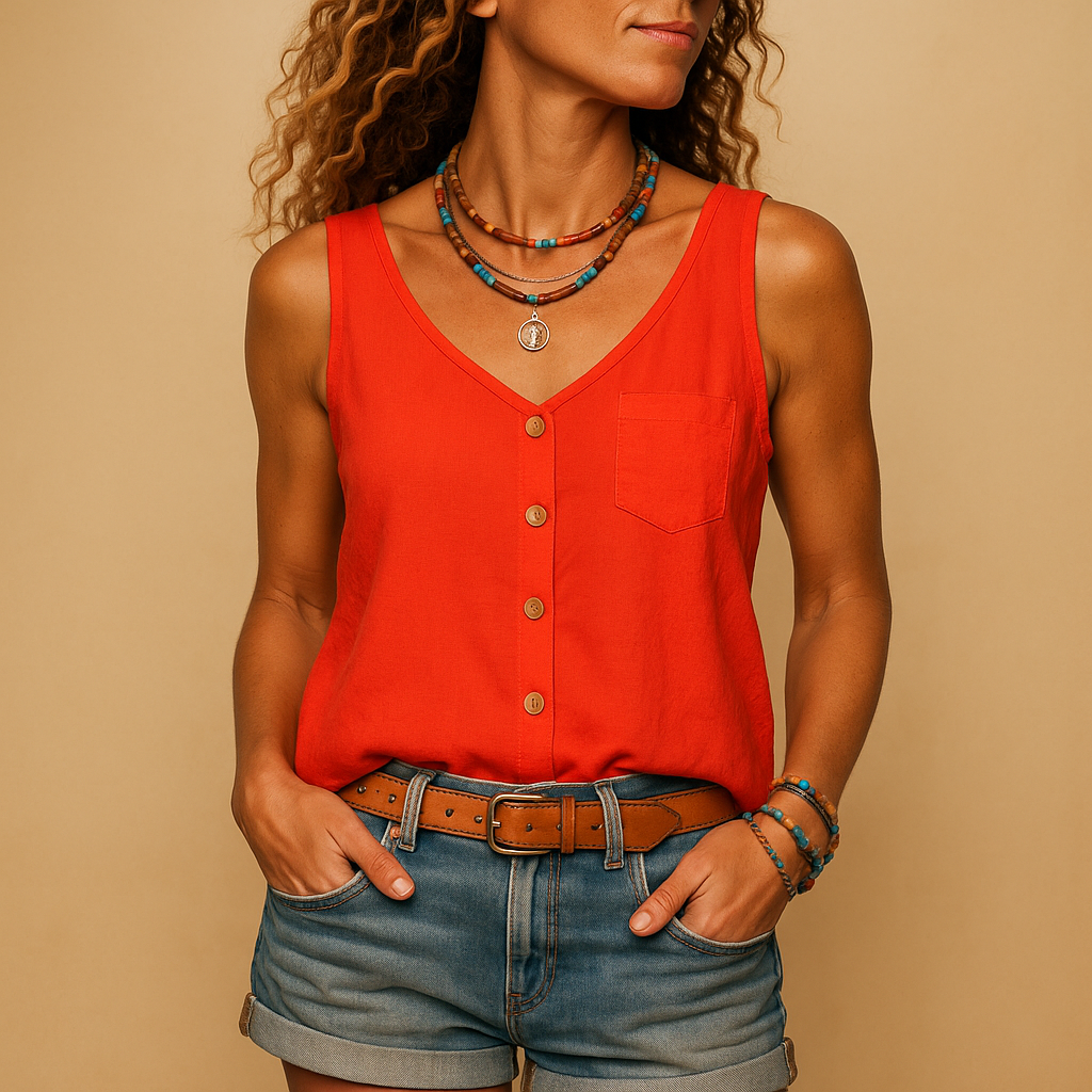 Casual dames top, mouwloos met V-hals en knoopjes; een veelzijdig en luchtig item voor elke dag.