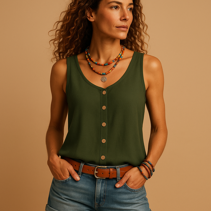 Dames mouwloze top met V-hals en elegant knoopdetail, perfect voor zomerse dagen en casual outfits.