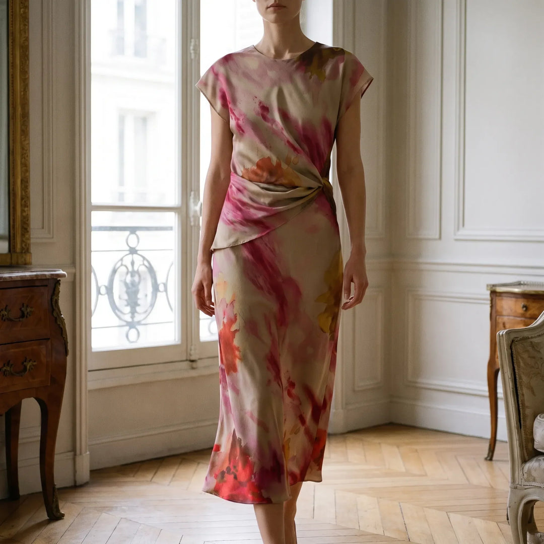 Elegante dames mouwloze midi jurk met vrolijke bloemenprint, perfect voor zomerse dagen en veelzijdige gelegenheden.