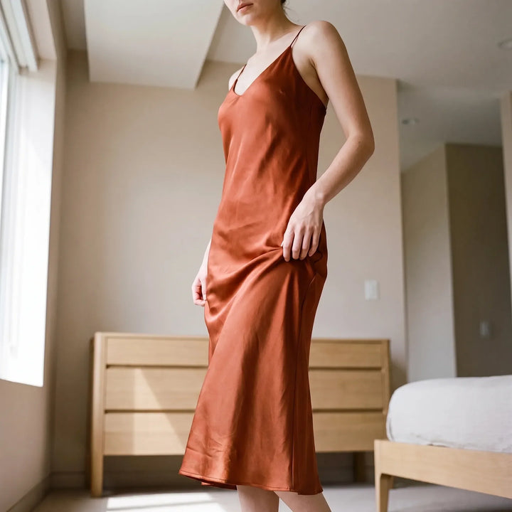 Dames glanzende enkellange slipdress met V-hals, perfect als elegante avondjurk.