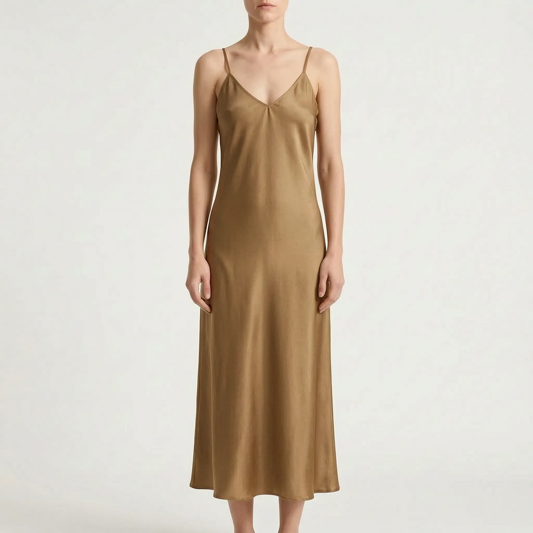 Dames glanzende V-hals slipdress, enkellang model, perfecte elegante avondkleding.