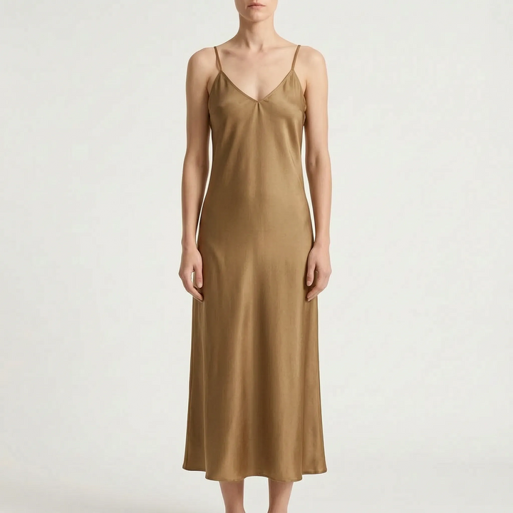 Dames glanzende V-hals slipdress, enkellang model, perfecte elegante avondkleding.