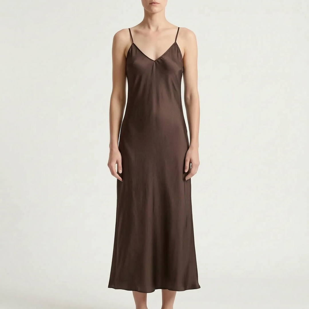 Lange glanzende slipdress voor dames met V-hals, enkellang; stijlvolle avond- of feestjurk.