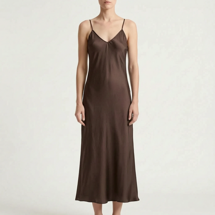 Lange glanzende slipdress voor dames met V-hals, enkellang; stijlvolle avond- of feestjurk.