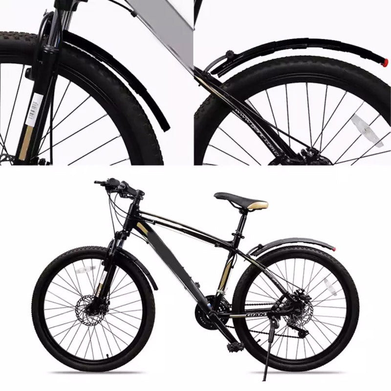 Veilige fiets spatborden set met krachtige verlichting; garandeert droog en zichtbaar fietsen.