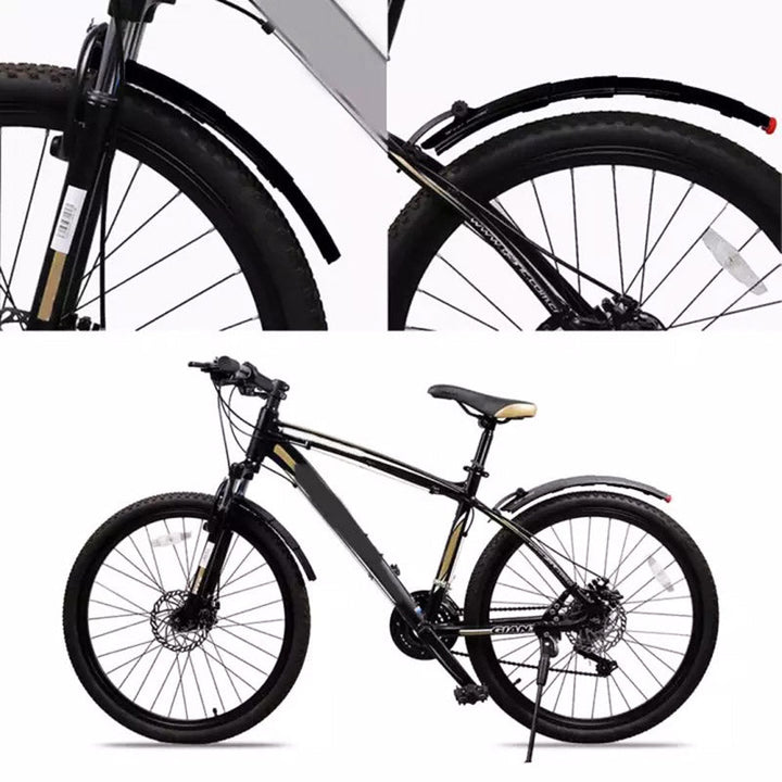 Veilige fiets spatborden set met krachtige verlichting; garandeert droog en zichtbaar fietsen.