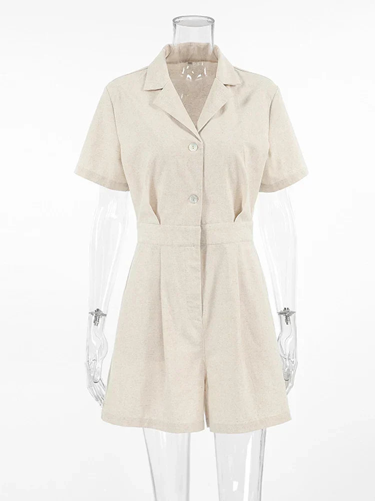 Comfortabele linnen zomerjumpsuit voor dames met korte mouwen, ademend en ideaal voor warme dagen.