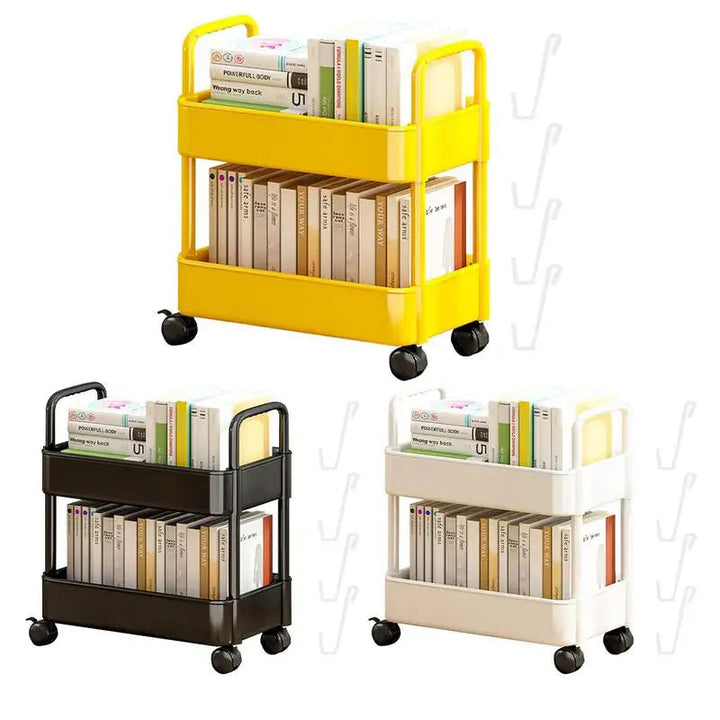 Compacte witte mobiele opbergtrolley Rollit met wielen, flexibele boekenplank organizer voor thuisgebruik.