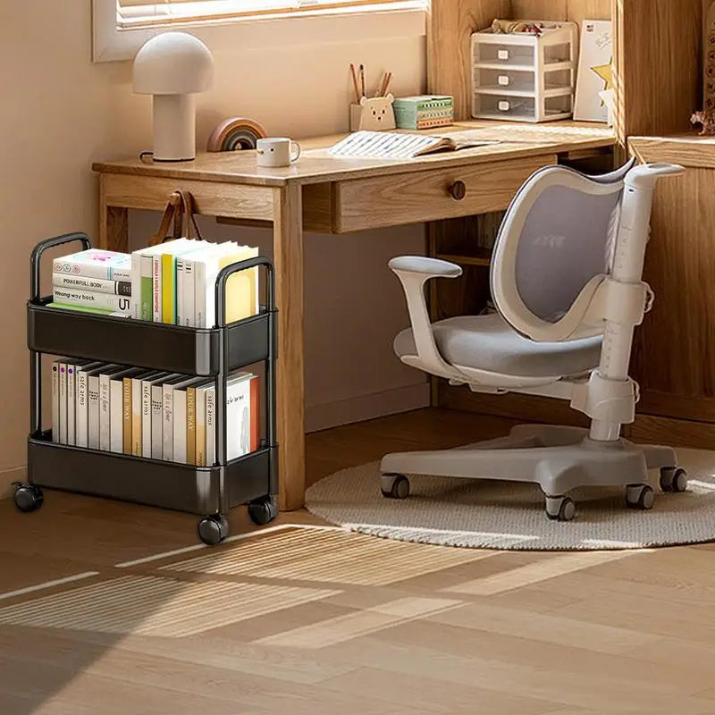 Zwarte opbergkar trolley met wielen voor boeken, tijdschriften of kantoorartikelen; flexibele opbergoplossing.