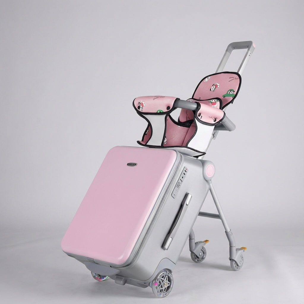 Blij kind rijdend op de ride-on kinderkoffer in de luchthaven, perfect voor speels reizen en wachten.