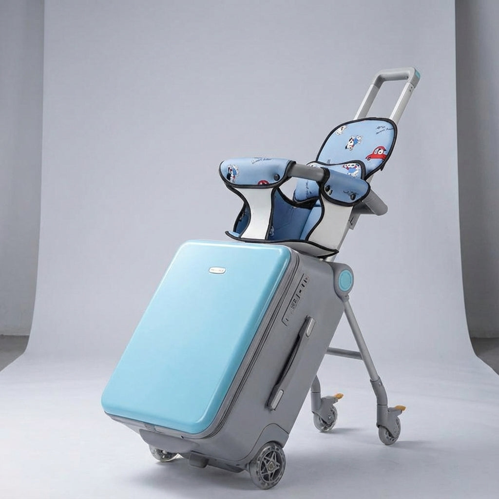 Detail van stevige wielen en uitschuifbare handgreep van de duurzame ride-on kinderkoffer voor comfortabel reizen.