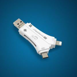 Universele MultiMemory gegevensoverdracht adapter voor snelle data backup van Android & Apple telefoons.