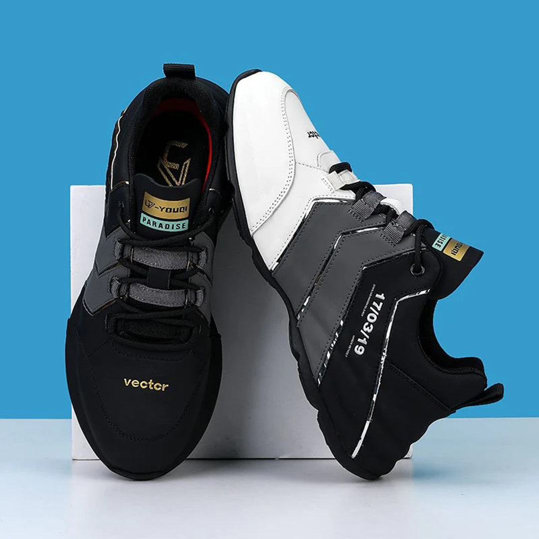 Ademende herensportschoenen met wit mesh en zwarte accenten, perfect voor actief loopcomfort.