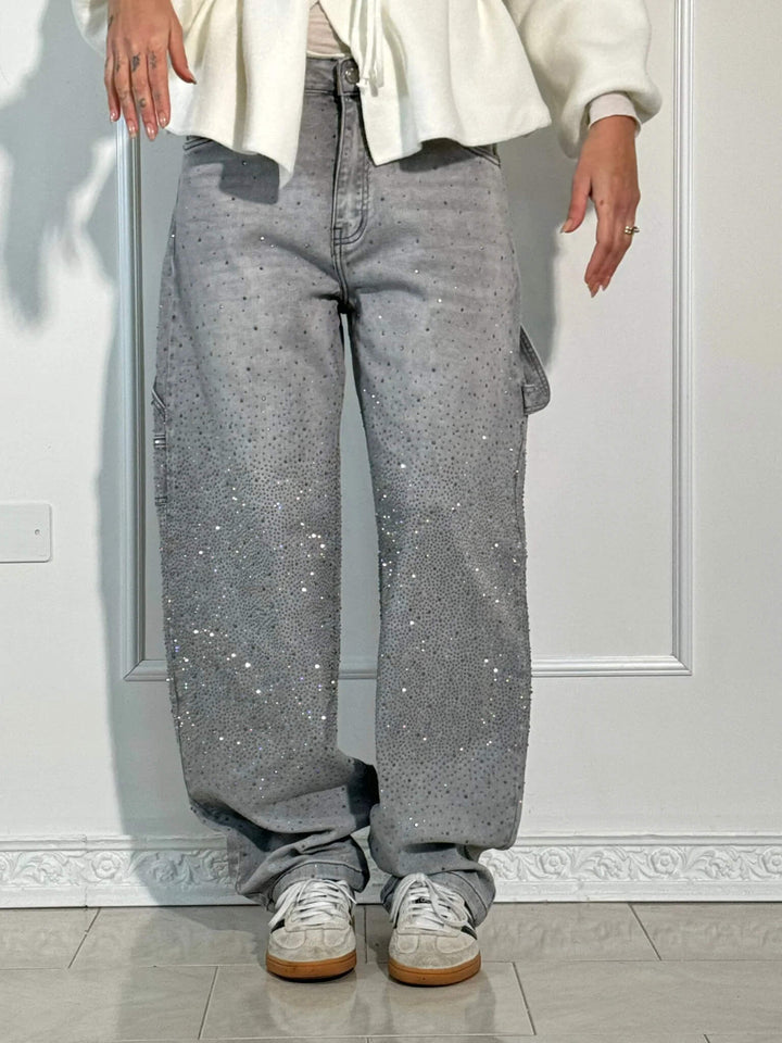 Rhinestone wide leg jeans voor dames, combineert comfort met een trendy, glimmende look.
