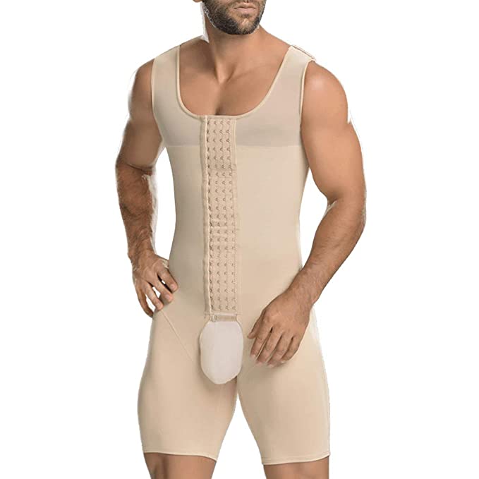 Afslankende heren body shaper in beige, een corrigerende shapewear top voor een strakke buik en borst.