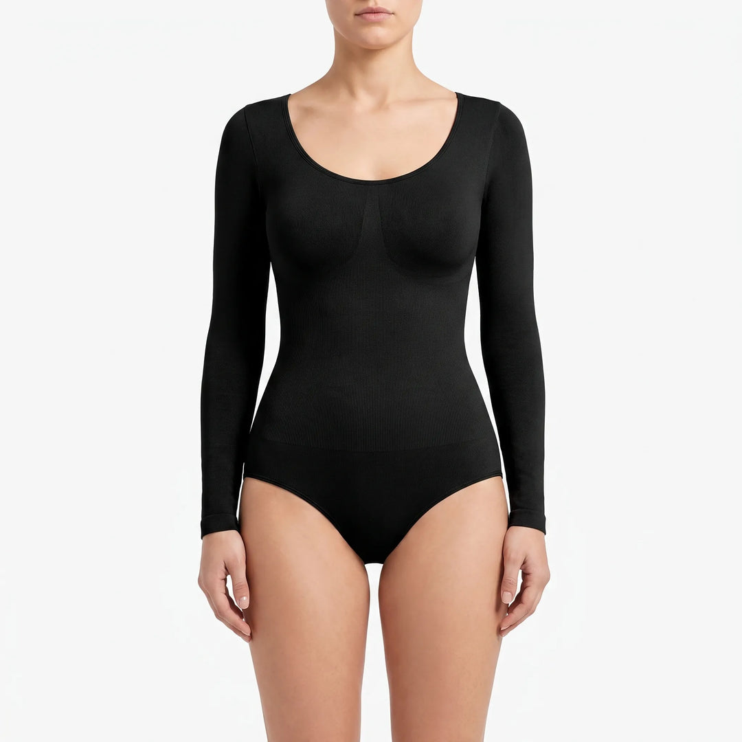 Elegante zwarte dames shapewear body met lange mouwen en ronde hals, naadloos en figuurcorrigerend.