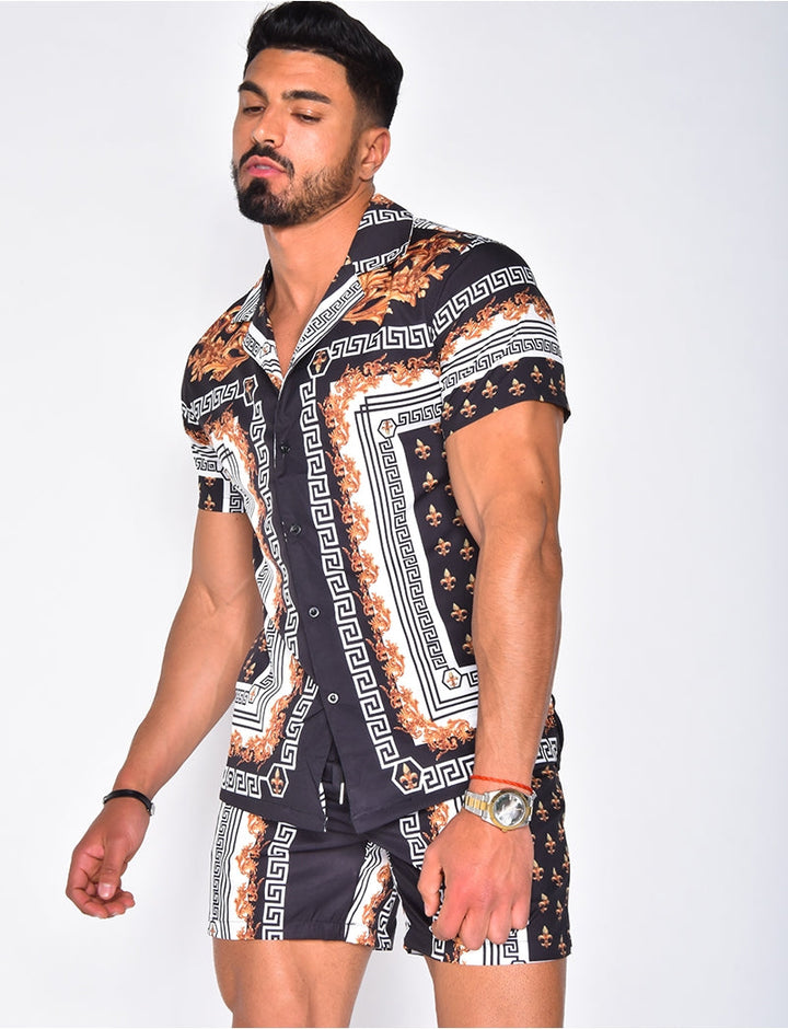 Zomerse heren kledingset: Tropische print Hawaiiaanse blouse en matching short voor strand.