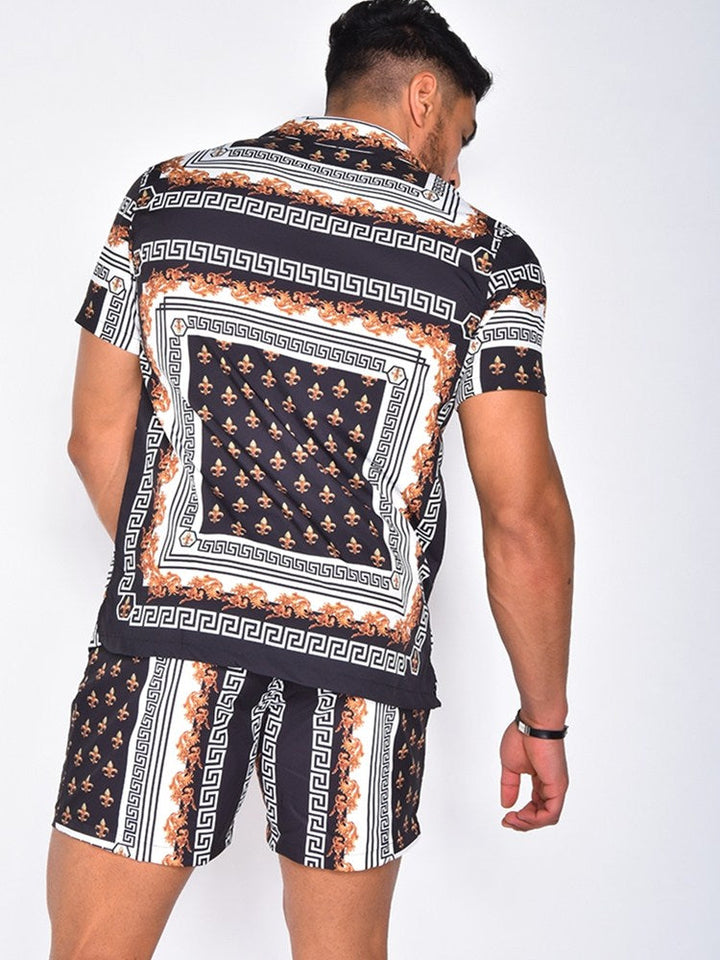 Hawaiiaanse herenmode: Set van luchtige zomerblouse en short, ideaal voor een relaxte vakantie.