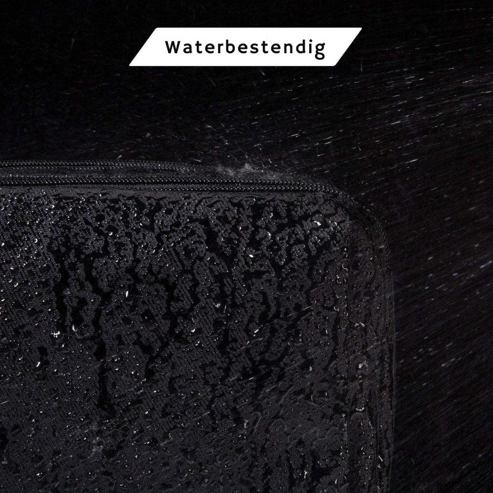 Stijlvolle zwarte heren toilettas met soepele dubbele rits, waterafstotend, ideaal voor veilige opslag van reisbenodigdheden.