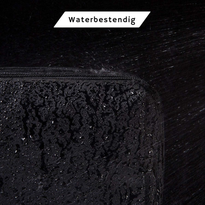 Stijlvolle zwarte heren toilettas met soepele dubbele rits, waterafstotend, ideaal voor veilige opslag van reisbenodigdheden.