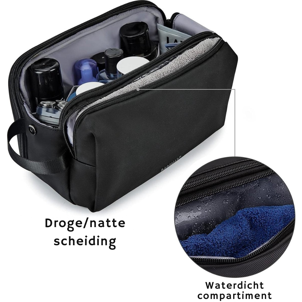 Duurzame waterafstotende zwarte heren toilettas, perfect voor reizen; met stevige dubbele rits en veel opbergruimte.