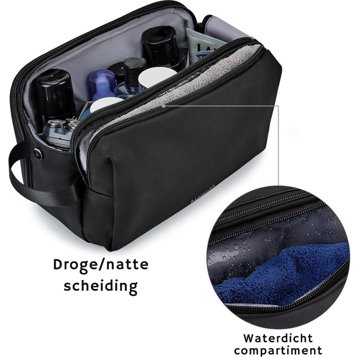 Duurzame waterafstotende zwarte heren toilettas, perfect voor reizen; met stevige dubbele rits en veel opbergruimte.