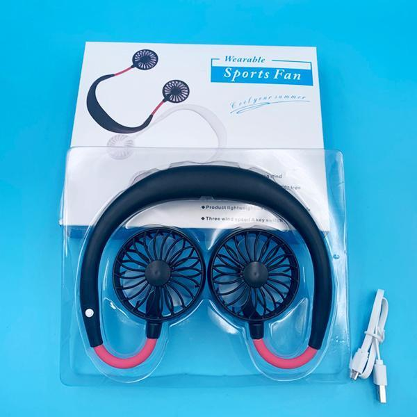 Detailopname van de draagbare nekventilator, klaar voor verkoeling onderweg.