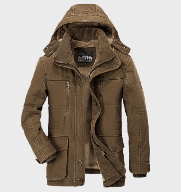 Comfortabele heren dikke winterjas met capuchon en functionele diepe zakken, warme winterkleding.